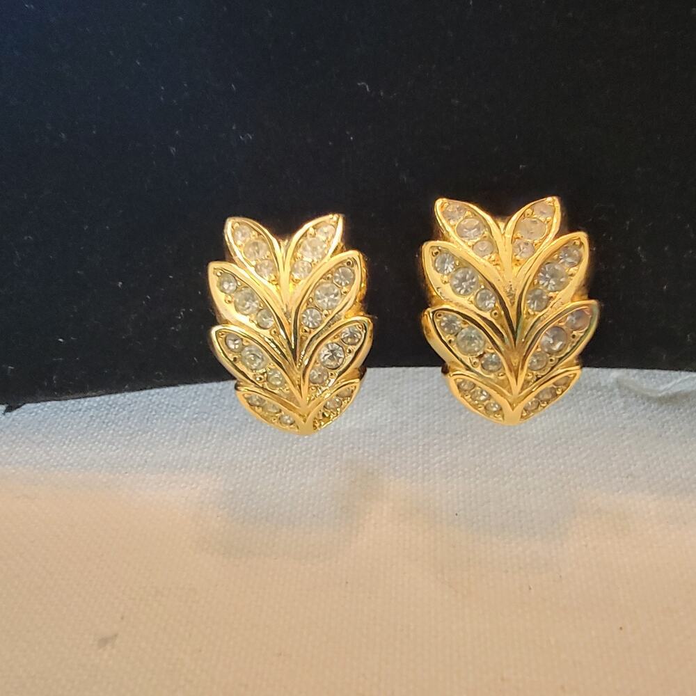 Vintage Signed Christian Dior Gold Tone Leaf Earrings with Yellow Rhinestones